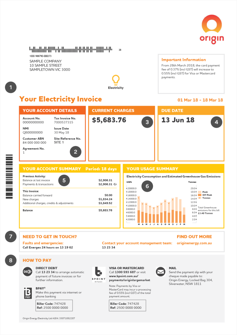 Page 1 of Origin commercial electricity bill