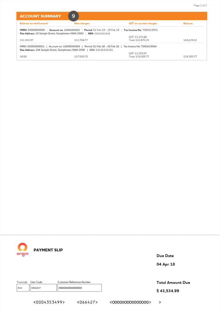 Page 2 of Origin commercial consolidated natural gas and electricity bill